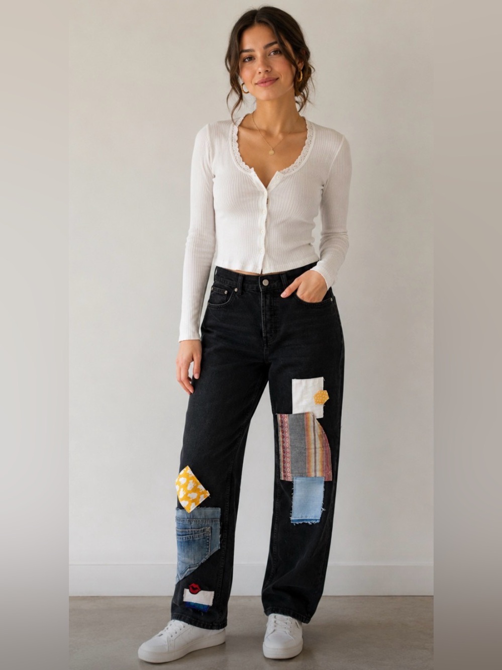 H&M Upcycled Black Cotton Denim Jeans with Denim and Fabric Patches